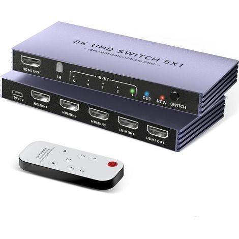 Répartiteur HDMI 4K 240 Hz 5 en 1 sortie – 8K @ 60 Hz Répartiteur HDMI avec télécommande 5 ports Switcher Box Support 3D HDR10+ CEC HDR HDCP2.3, pour 5/4, Xbox, DVD, Nintendo PC, TV, Fire (1/5)