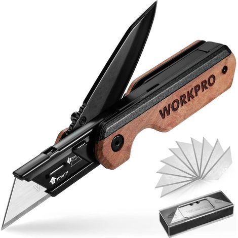 Klappmesser mit Holzgriff, Aluminium, Gürtelclip & 10 Ersatzklingen (1/5)