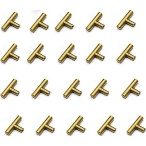 Lot de 20 poignées de meubles de cuisine en forme de T en acier inoxydable brossé avec vis, boutons de cuisine en acier inoxydable pour tiroirs, placards, décoration d'intérieur (or)