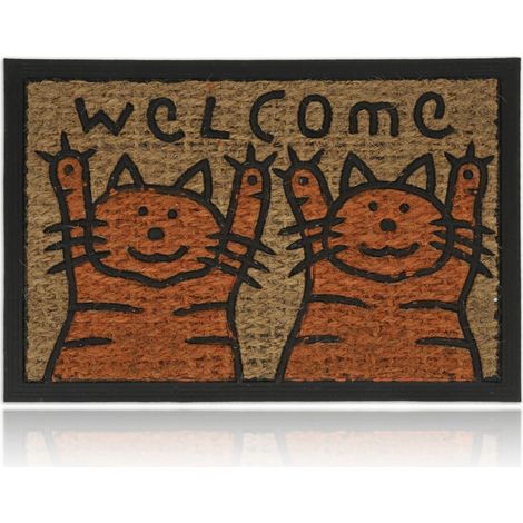 Relaxdays Paillasson coco, tapis d’entrée, Chat Welcome, 60x40 cm, caoutchouc, intérieur, extérieur, orange/nature (1/5)