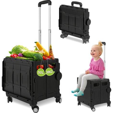 TolleTour Carrito de compra plegable 50L con tapa, 4 ruedas, cesta trolley para compras y hogar, negro