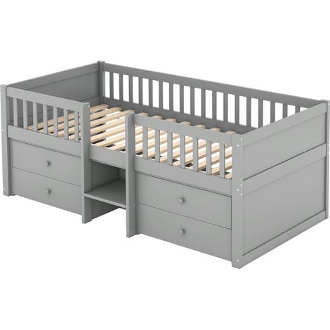 Cama media altura 90 x 200 cm gris con 4 cajones, barandillas y escalera en pino y MDF (1/5)