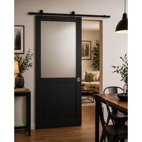 Porta Scorrevole Athena Nera H204 x L73 + Guida a rulli e 2 Gusci