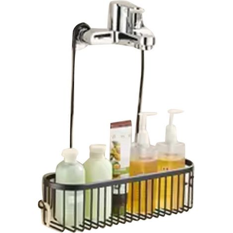 Panier de douche suspendu avec crochets et étagère de rangement, sans perçage, pour robinetterie ou barre transversale, noir (1/5)