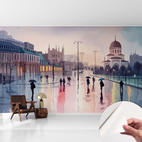 Papier peint adhésif décoratif avec colle pour salon chambre et bureau Installation rapide Promenade sous la pluie 416x254 cm (1/5)
