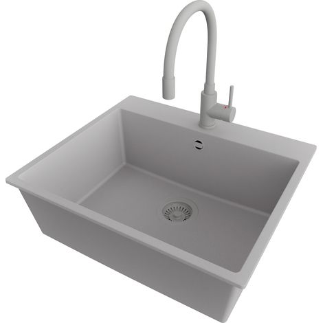 PRIMAGRAN Evier Cuisine en Granit 58x50cm,Lavabo 1 bac + Robinet 38x14cm + Kit de Vidage, Évier à Encastrer au meuble 60cm - Riga, Gris (1/5)