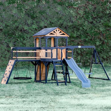 Backyard Discovery Timber Crossing Wooden Climbing Frame with 2 x Swings, Trapeze, Web Swing and 1 x Slide (1/5)