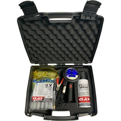 Clas – Détecteur de fuites climatisation gaz R134a avec lampe UV 12V – 12 seringues et lunette incluses – Spray d'étanchéité