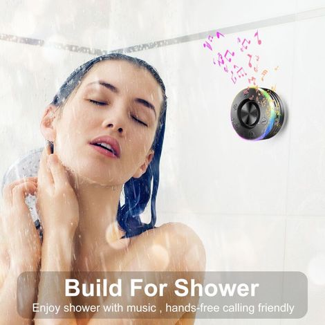 Enceinte Douche Bluetooth Enceinte Bluetooth Etanche IP7, Haut-Parleur de Douche avec Appel Bluetooth, Ventouse Puissante, LED Lumière, 360° Stéréo Enceinte sans Fil, 8H Bluetooth Speaker, Noir (1/5)