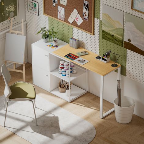 Escritorio en forma de L, escritorio esquinero giratorio 360° con 2 armarios de almacenamiento, 2 estantes abiertos, escritorio para ordenador para espacios pequeños, estudio, sala de estar, 150x40x75 (1/5)