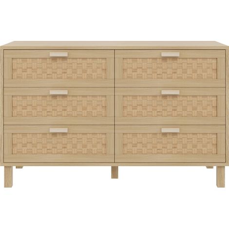 Buffet et commode élégants en bois naturel à six tiroirs, armoire de chambre à coucher avec grand espace de rangement, tiroirs effet rotin. (1/5)