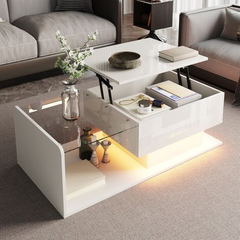 Mesa de centro elevable 100 x 50 cm con cristal, LED y almacenaje blanca DESVIAE (1/5)