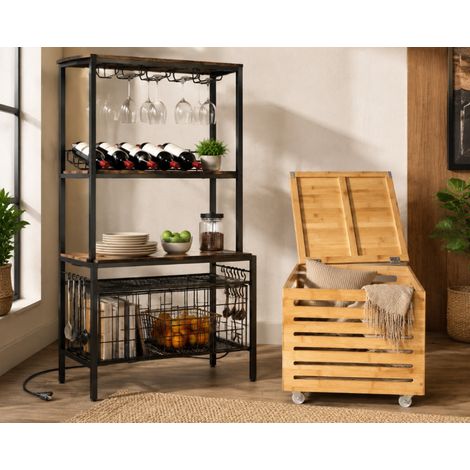 Ensemble de rangement industriel (2 pièces) – Casier à bouteilles électrique et caisson à roulettes en bambou (1/5)