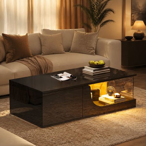 Tavolino da caffè LED 100 x 50 x 30 cm con 2 cassetti, MDF e vetro temperato, nero HAVRYA (1/5)