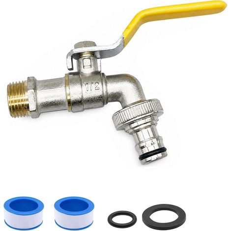 Robinet à Bille en Laiton 1/2 Pouces, Robinet d'eau de Jardin Résistant au gel et Sans Goutte, avec Ruban d'étanchéité et Raccord de Tuyau, Vanne pour Jardin Machine à Laver Réservoir D'eau (1/5)