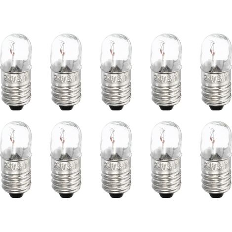 Ampoule E10 - Lot de 10 - Verre et Métal - 24V 5W Jaune Chaud - Pour Lampe de Poche et Instrumentation - 24x10mm