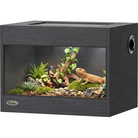Terrarium - vivarium - PawHut - porte coulissante, serrure sécurisée, couvercle amovible - bois, verre trempé - 60x45x45cm - noir (1/5)
