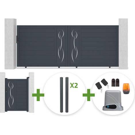 Portail coulissant 3,5m LIFE H.140cm gris + Portillon 1m LIFE H.140cm gris + 4 poteaux ELDA + motorisation Tanker C600 (1/5)