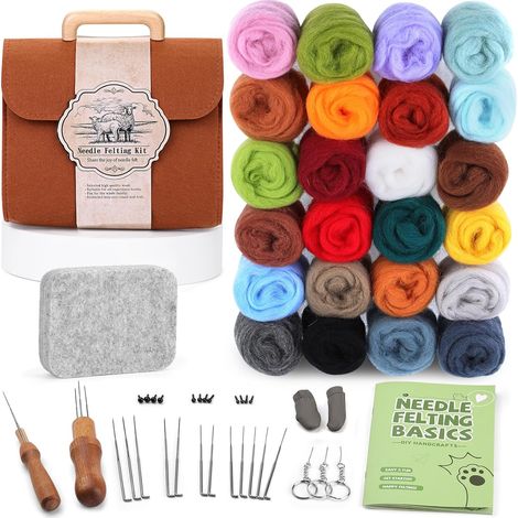 Kit de feutre d'aiguille, Kit de feutre de laine de 24 couleurs, Aiguilles de feutre, Pad, feutre en vrac de laine pour bricolage d'aiguille de feutre débutant avec des instructions étape par étape (1/5)