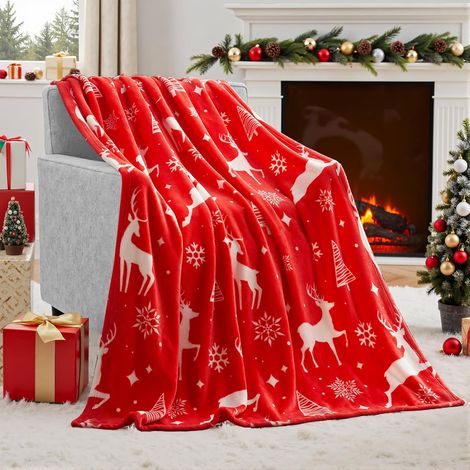 Couverture de Noël Renne Rouge (130x150cm), Couverture Flanelle Douce, Décoration de Noël Chaude et Shaggy, Couverture de Canapé Douillette (1/5)