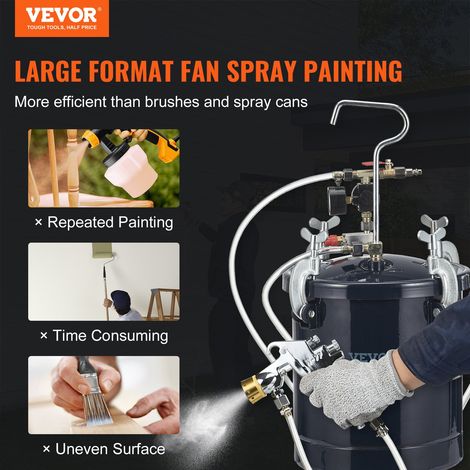 Pistolet à Peinture avec Réservoir 10 L Pot de Pression de Peinture Entrée d’Air 6,4 mm Sortie 9,5 mm 2 Pulvérisateurs de Peinture Buse 1,5 mm 4 mm Pression Max 60 PSI pour Décoration Intérieure (1/5)