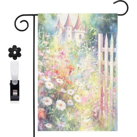 Drapeau de jardin chemin en terre et composition florale 30 x 45 cm décoration porche et entrée (1/5)