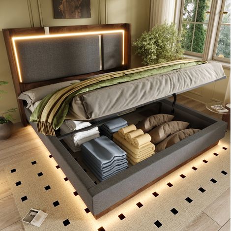 Letto matrimoniale 180x200 cm grigio e noce in lino e legno con LED e contenitore (1/5)