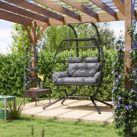 Silla colgante, silla plegable de mimbre con cojín, estructura de acero, para uso interior y exterior, capacidad de carga de hasta 260 kg, gris oscuro. (1/5)