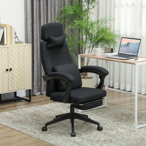 Sedia da ufficio, elevato comfort, schienale regolabile, poggiapiedi, ruote girevoli a 360°, lino, 62 x 68 x 127 cm, nera (1/5)
