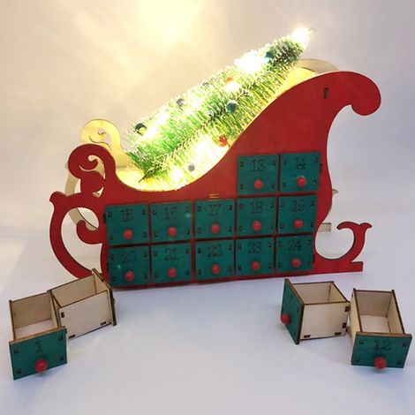 Calendrier de l'Avent en bois en forme de traîneau et sapin de Noël, 24 tiroirs avec lumière LED, décoration de fête de Noël (1/5)