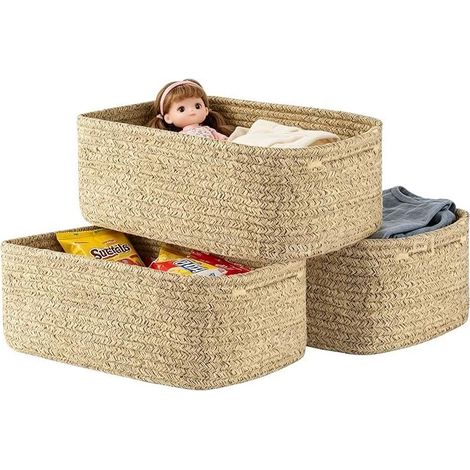 Woven Cotton Woven Storage Baskets, Stackable Baskets, Bathroom Shelves for Kitchen, Living Room, 30 x 20 x 11 cm (Linen) (1/3)