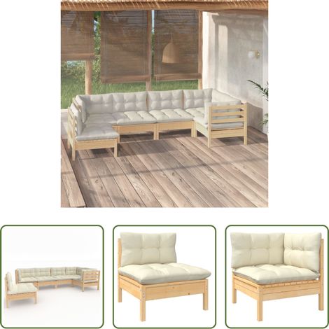 Holzgartenmöbel - 6-tlg. Garten-Lounge-Set mit Creme Kissen Kiefernholz (1/5)