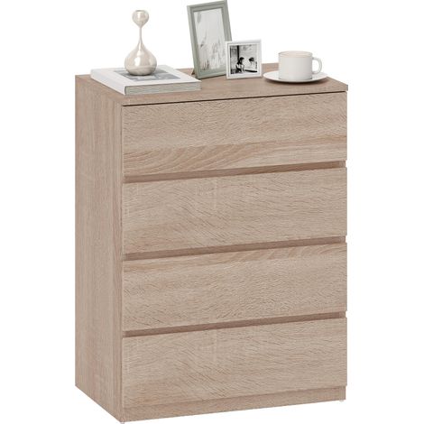 Commode en bois à 4 tiroirs avec glissières métalliques et poignées rainurées, 60 x 40 x 80 cm, couleur hêtre