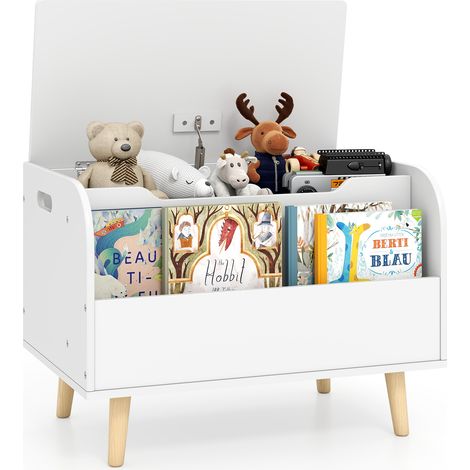 Coffre à jouets en bois pour enfants avec bibliothèque avant et 4 pieds en bois massif pour salle de jeux - blanc