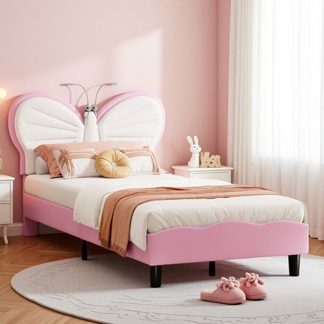 Kinderbett 90 x 200 cm, Einzelbett für Jungen Mädchen, Jugendbett, Schmetterlingskopfteil mit Leselicht, Höhenverstellbar, Flanell, Weiß Rosa (1/5)