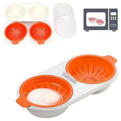 Chaudière à œufs à micro-ondes, chaudière à œufs à 2 couches avec paniers de vidange, plat à vapeur pour œufs de qualité alimentaire (Orange)- (1/5)