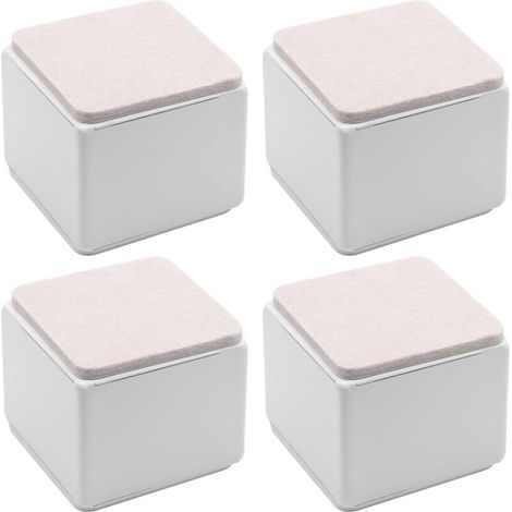 Juego de 4 elevadores de cama autoadhesivos, cuadrados y resistentes, fabricados en acero al carbono, para mesas y sofás, que añaden 5 cm de altura con almohadillas de fieltro, color blanco.
