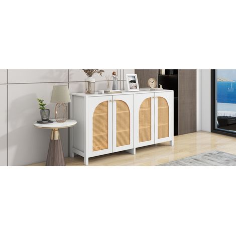 Armoire moderne dans un style minimaliste. Ouverture en verre de type 4. Poignées métalliques. Armoire simple, idéale pour les salons, les salles à manger ou les cuisines. Couleur blanche. (1/5)