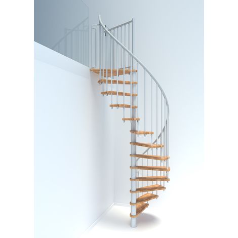 Minka Spindeltreppe Berlin in weiß mit Buchenstufen bis 309cm Geschosshöhe Ø140cm