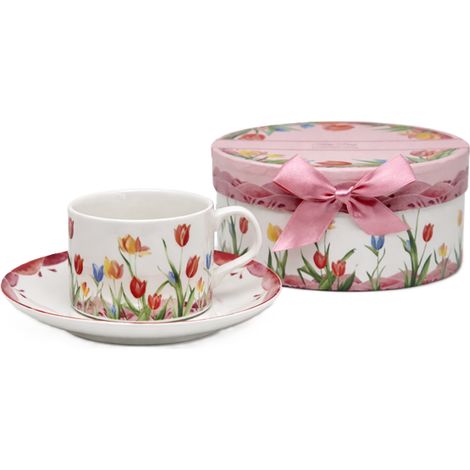 Taza y platillo de porcelana con forma de tulipán de 180 ml, perfectos para regalar. (1/5)