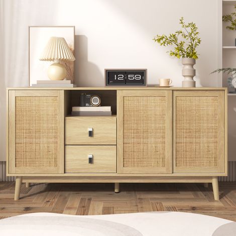 Buffet 155cm avec 3 portes coulissantes en rotin véritable et 2 tiroirs, Buffet et enfilade scandinave, pour salle à manger, salon - Beige (1/4)