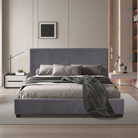 Lit double avec tête de lit 160x200 cm en tissu gris (1/5)