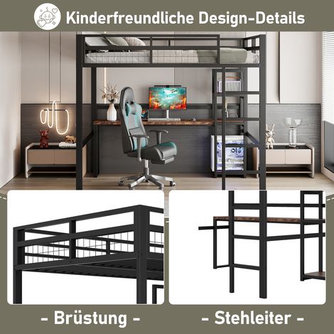 Lit surélevé 140x200 cm, cadre en fer robuste, étagères multiples, bureau avec prise et port USB-C, garde-corps, échelle, sans matelas, noir. (1/5)