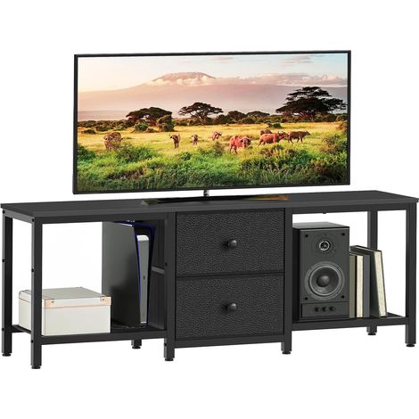 Meuble TV, Support pour Téléviseur Jusqu’à 55", Meuble multimédia avec Étagères de Rangement et 2 Tiroirs, pour Salon, Chambre, 120 x 30 x 50 cm, Noir (1/5)