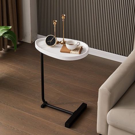 Table d'appoint en forme de C, table d'appoint étroite, table d'appoint moderne avec cadre en métal, table basse pour salon, chambre à coucher, chevet - Noir + Blanc