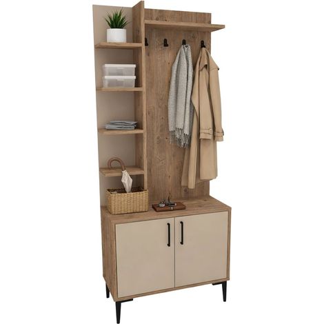 Flurregal Formigaro: 6 Paar, 7 Böden, Garderobe, 74x33x183 cm, Eichenholz, Knoten, Braun