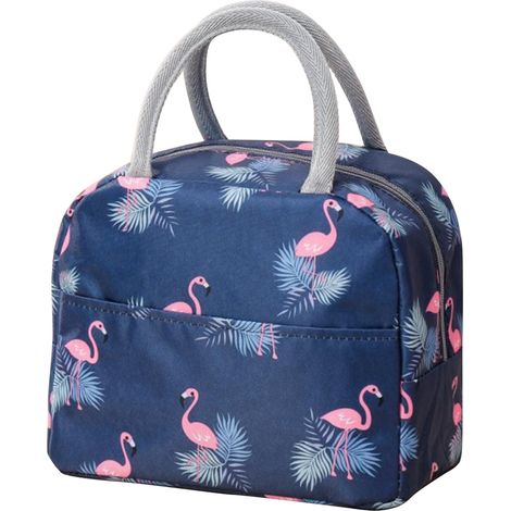 Sac déjeuner isotherme grande capacité motif flamant rose, fermeture éclair renforcée, portable, pour école et travail, bleu marine (1/5)