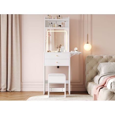 Une petite coiffeuse avec éclairage LED réglable, un tabouret, deux tiroirs, deux étagères ouvertes et un espace de rangement. (L×H×P) : 75 × 156 × 45 cm (1/5)