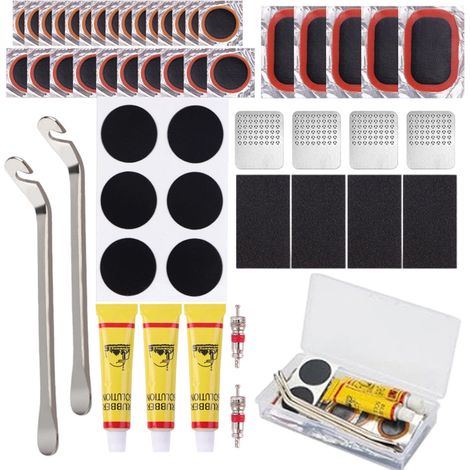 Kit Réparation Pneus - 48 Pièces - Boîte de Rangement Portable avec Démonte-Pneus - Pour Vélos et Motocyclettes (1/5)