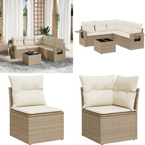 6-tlg. Garten-Sofagarnitur mit Kissen Beige Poly Rattan - Gartenmöbel Set - Esszimmergarnitur - Outdoor Möbel - Rattan Gartenmöbel - Lounge Garnitur - Home & Living (1/5)